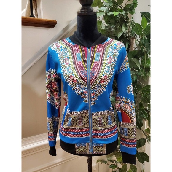 African Print Multicolor Dashiki Long Sleeve Full Zip Bomber Jacket XL - Picture 14 of 14